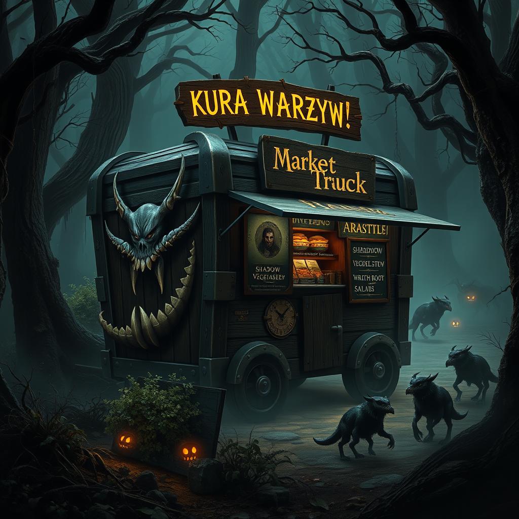 A dark fantasy style food truck designed as a menacing mimic monster, resembling a sinister treasure chest