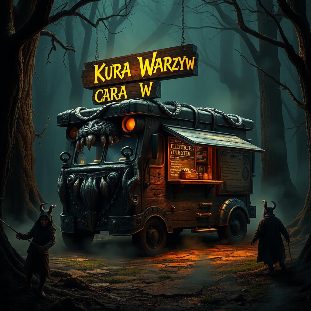 A dark fantasy style food truck designed to mimic a sinister creature, resembling a grotesque treasure chest as a boss character