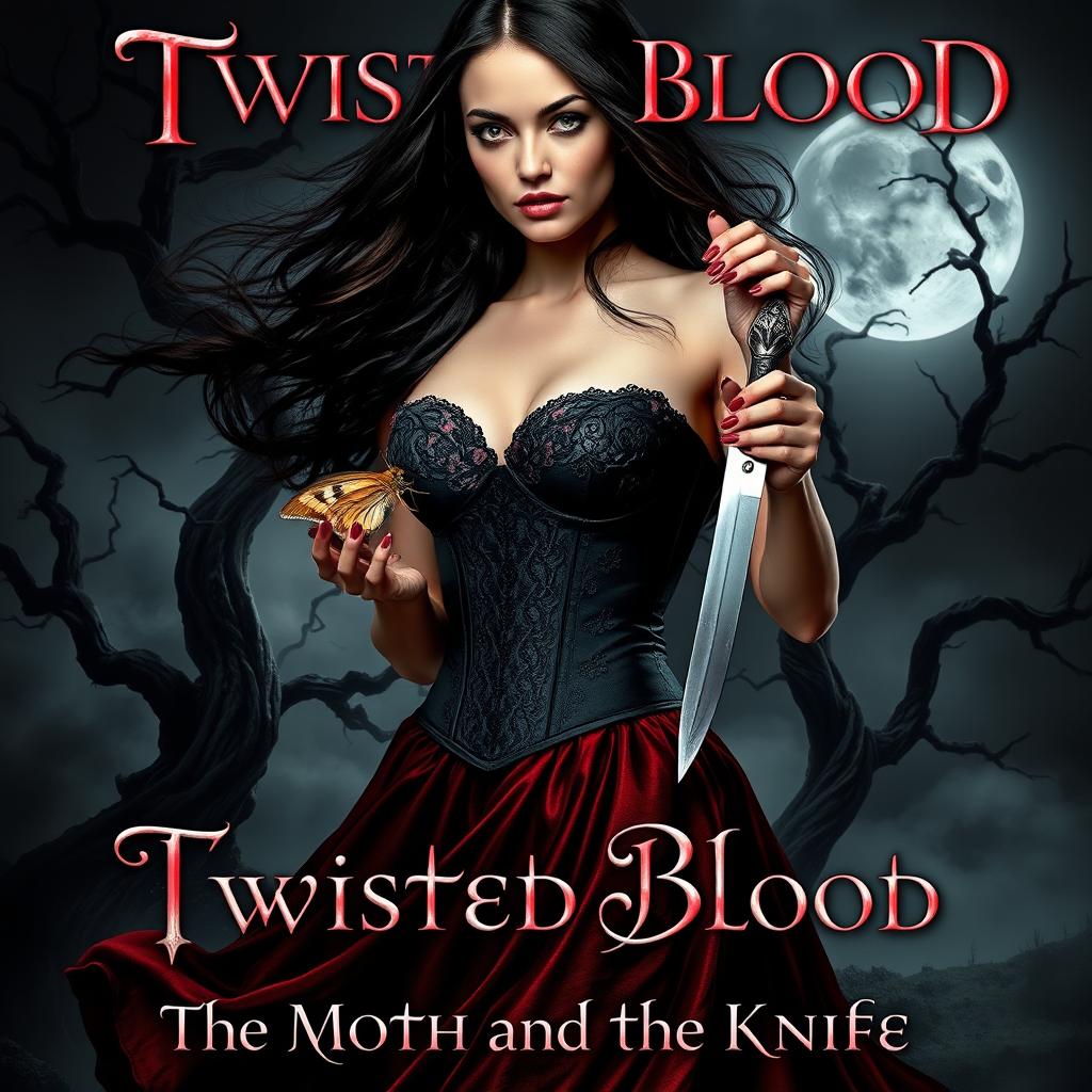 A hauntingly beautiful dark romance book cover titled 'Twisted Blood: The Moth and the Knife'