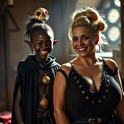 In a medieval bordello room illuminated by daylight, a young, short, 19-year-old African woman with very dark skin, red eyes, and a malnourished physique stands out