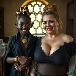 In a medieval bordello room illuminated by daylight, a young, short, 19-year-old African woman with very dark skin, red eyes, and a malnourished physique stands out