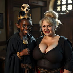 In a medieval bordello room illuminated by daylight, a young, short, 19-year-old African woman with very dark skin, red eyes, and a malnourished physique stands out