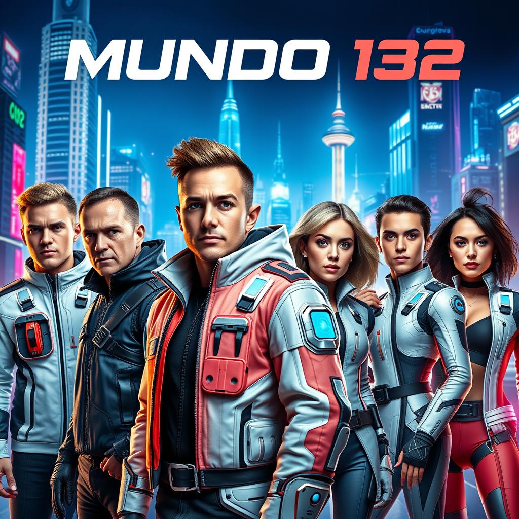 A futuristic movie poster featuring five Caucasian men aged between 20 and 33 years and two women aged between 20 and 25 years