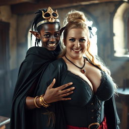 In a medieval bordello room filled with daylight, a young, short African woman, an 19-year-old with very dark skin and red eyes, stands out