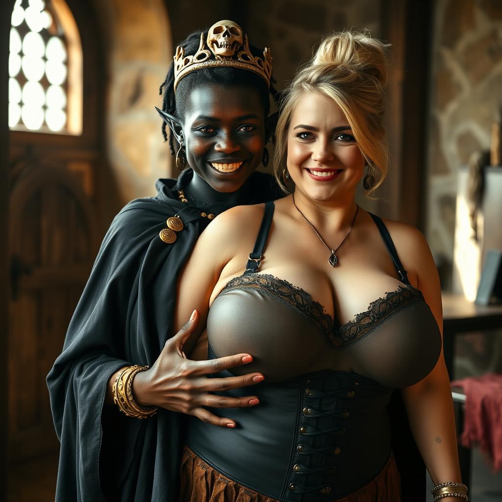 In a medieval bordello room filled with daylight, a young, short African woman, an 19-year-old with very dark skin and red eyes, stands out