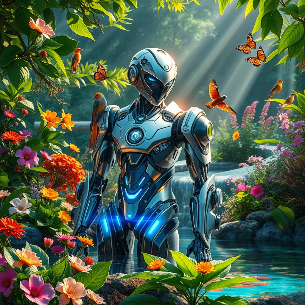 A futuristic robot seamlessly integrated into a lush natural environment, surrounded by vibrant greenery, colorful flowers, and serene water features
