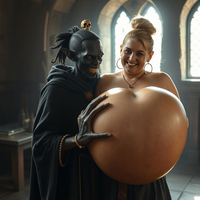 In a medieval bordello room illuminated by daylight, a striking scene unfolds featuring a short, 19-year-old African woman, an astonishingly malnourished figure with very dark skin and red eyes