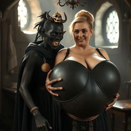 In a medieval bordello room illuminated by daylight, a striking scene unfolds featuring a short, 19-year-old African woman, an astonishingly malnourished figure with very dark skin and red eyes