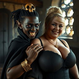 Inside a medieval bordello bathed in daylight, a captivating scene presents a young, short African woman, a 19-year-old with very dark skin and red eyes