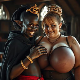 Inside a medieval bordello bathed in daylight, a captivating scene presents a young, short African woman, a 19-year-old with very dark skin and red eyes