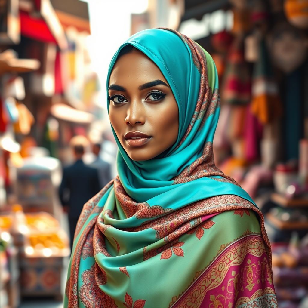 A stylish woman wearing a vibrant nylon hijab, showcasing intricate patterns and textures