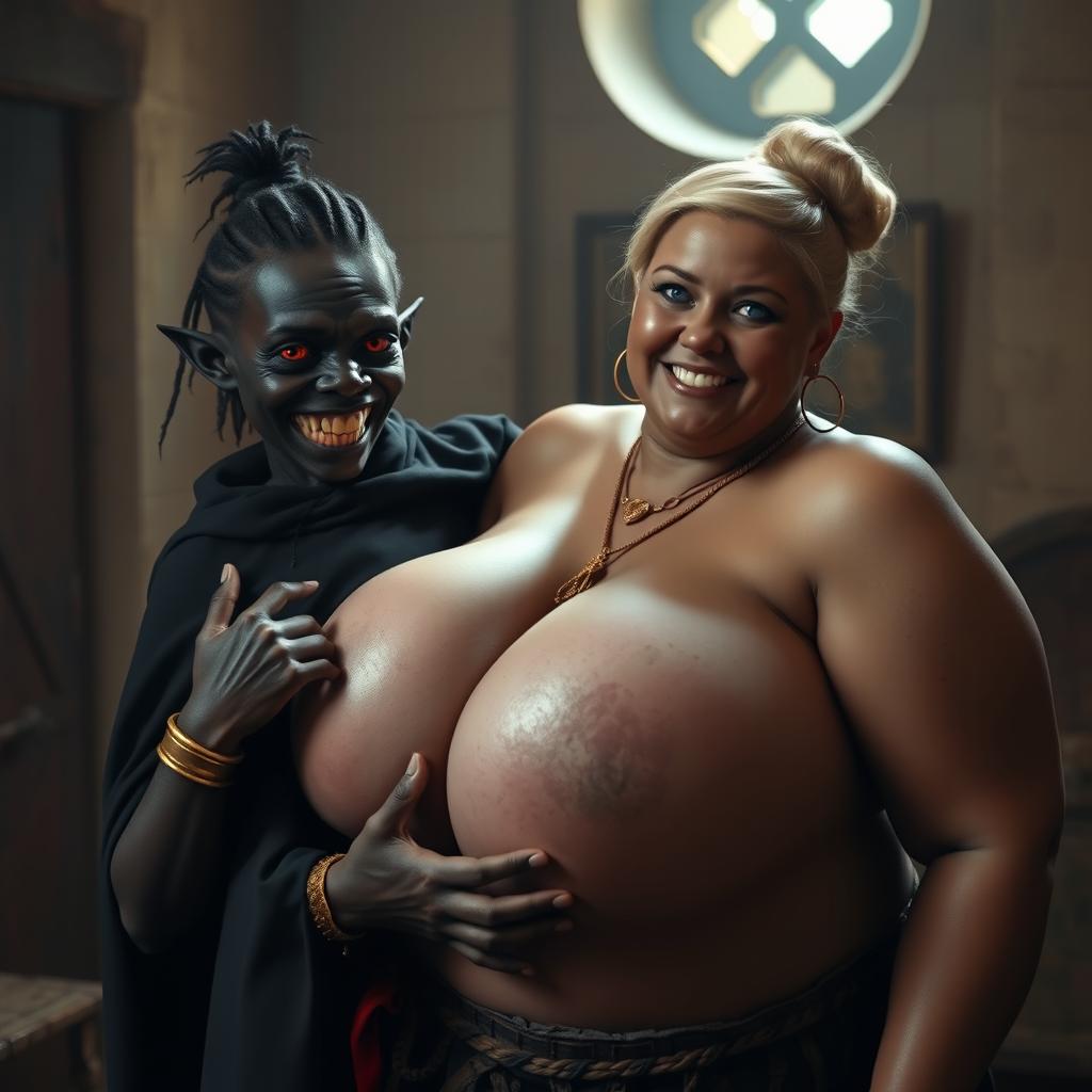 In a medieval bordello room illuminated by daylight, a captivating scene features a short, malnourished 19-year-old African woman with very dark skin and striking red eyes