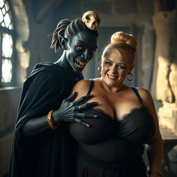 In a medieval bordello room illuminated by daylight, a captivating scene features a short, malnourished 19-year-old African woman with very dark skin and striking red eyes