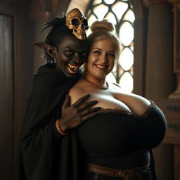 In a medieval bordello room illuminated by daylight, a captivating scene features a short, malnourished 19-year-old African woman with very dark skin and striking red eyes