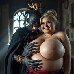 In a medieval bordello room illuminated by daylight, a captivating scene features a short, malnourished 19-year-old African woman with very dark skin and striking red eyes