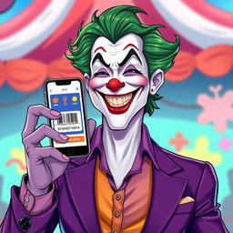 A captivating illustration of the Joker character clad in a stylish purple shirt, exhibiting a joyful and happy smile that reflects his playful nature