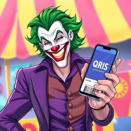 A captivating illustration of the Joker character clad in a stylish purple shirt, exhibiting a joyful and happy smile that reflects his playful nature