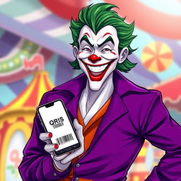 A captivating illustration of the Joker character clad in a stylish purple shirt, exhibiting a joyful and happy smile that reflects his playful nature