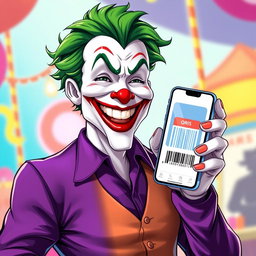 A captivating illustration of the Joker character clad in a stylish purple shirt, exhibiting a joyful and happy smile that reflects his playful nature