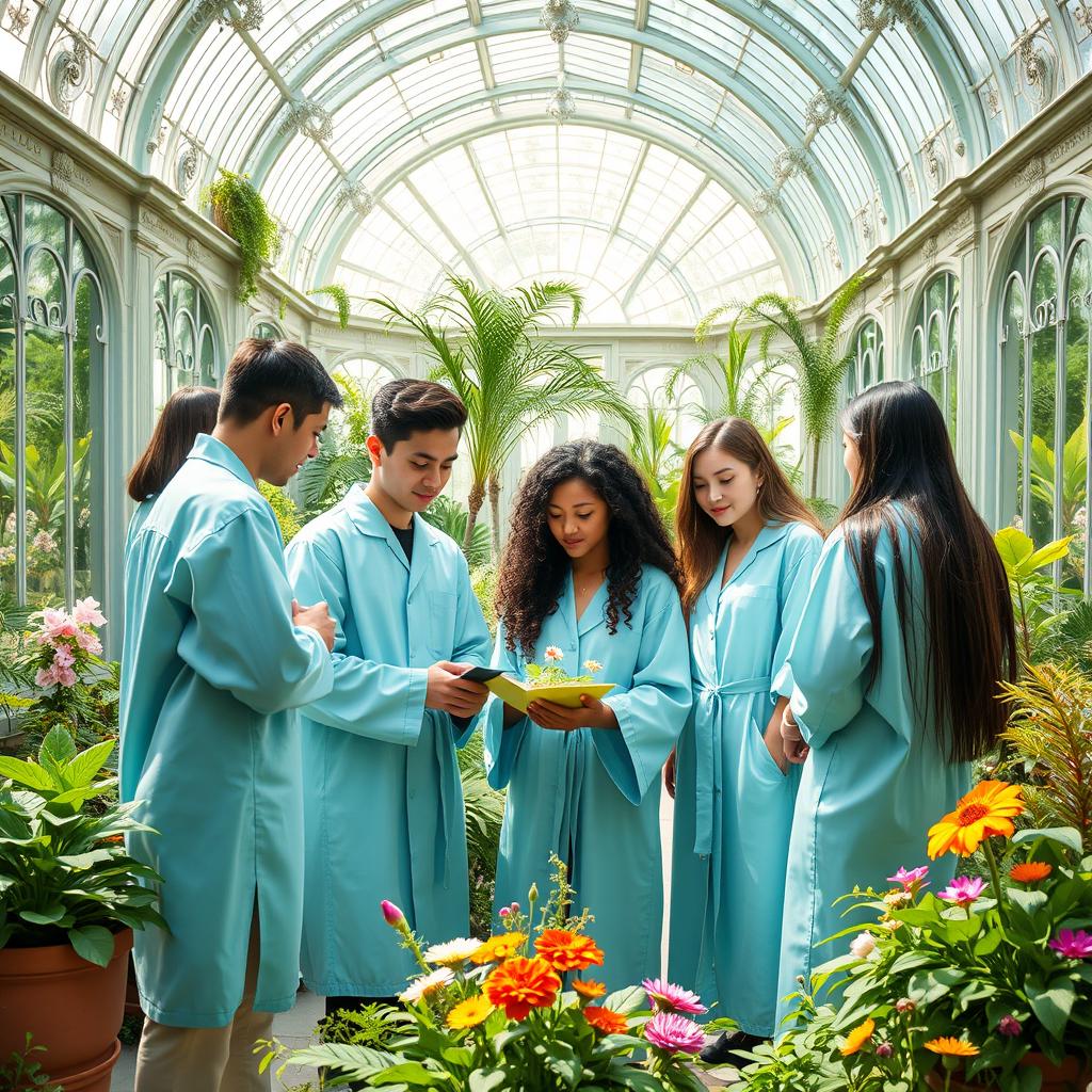 A beautifully designed greenhouse resembling Beauxbatons Academy, with elegant glass architecture featuring intricate details and lush plants inside