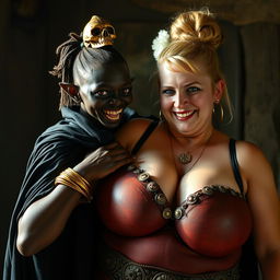 In a medieval bordello room illuminated by daylight, a captivating scene showcases a young, short, and malnourished 19-year-old African woman with very dark skin and striking red eyes