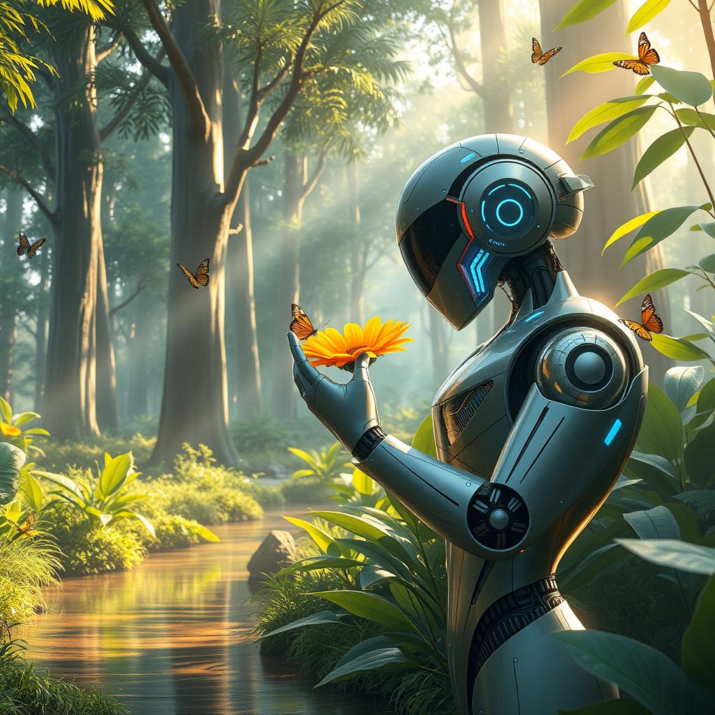 A futuristic setting where a sleek, metallic robot interacts harmoniously with lush greenery