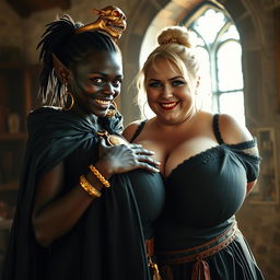 In a medieval bordello room illuminated by daylight, the scene features a striking contrast between two characters