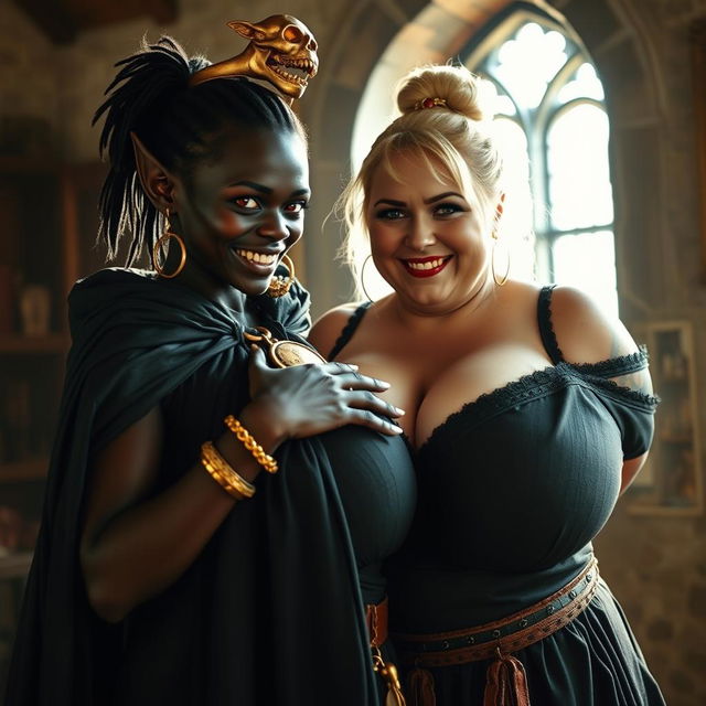 In a medieval bordello room illuminated by daylight, the scene features a striking contrast between two characters