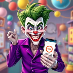 An imaginative illustration of a human-like Joker character dressed in a vivid purple shirt, embodying a cheerful demeanor with a big, happy smile