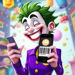 An imaginative illustration of a human-like Joker character dressed in a vivid purple shirt, embodying a cheerful demeanor with a big, happy smile