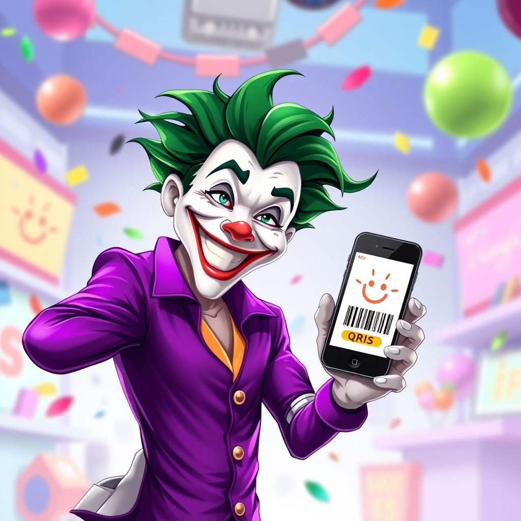 An imaginative illustration of a human-like Joker character dressed in a vivid purple shirt, embodying a cheerful demeanor with a big, happy smile