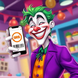 An imaginative illustration of a human-like Joker character dressed in a vivid purple shirt, embodying a cheerful demeanor with a big, happy smile