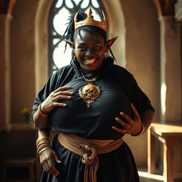 In a sunlit medieval bordello room, a young, malnourished 19-year-old African woman stands out