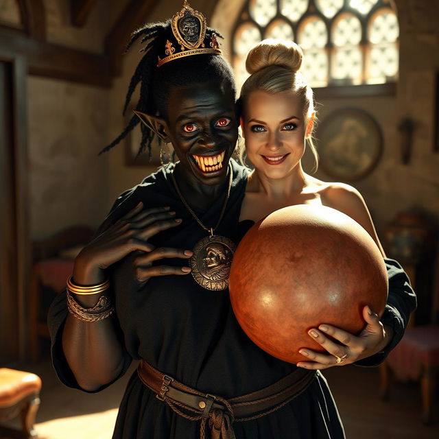 In a sunlit medieval bordello room, a young, malnourished 19-year-old African woman stands out