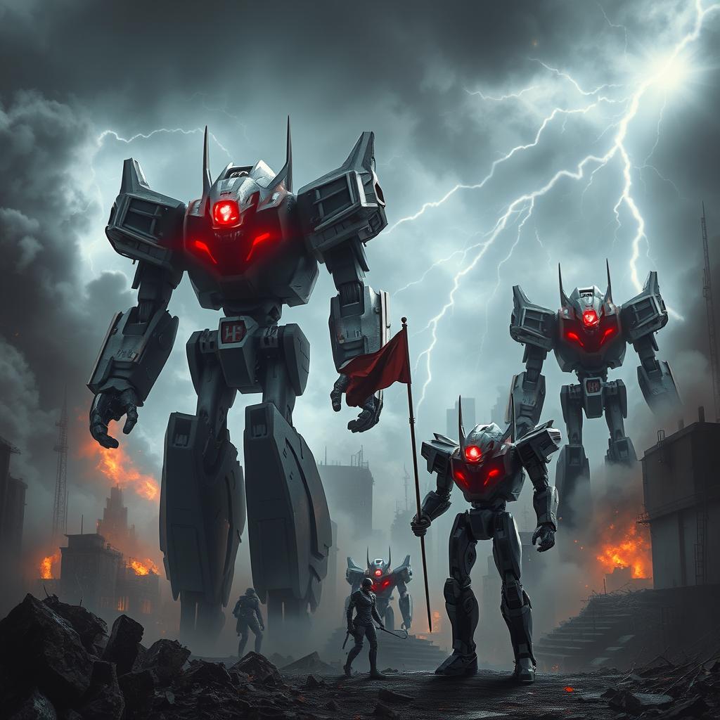 A dramatic scene depicting a dystopian future where robots are conquering the world