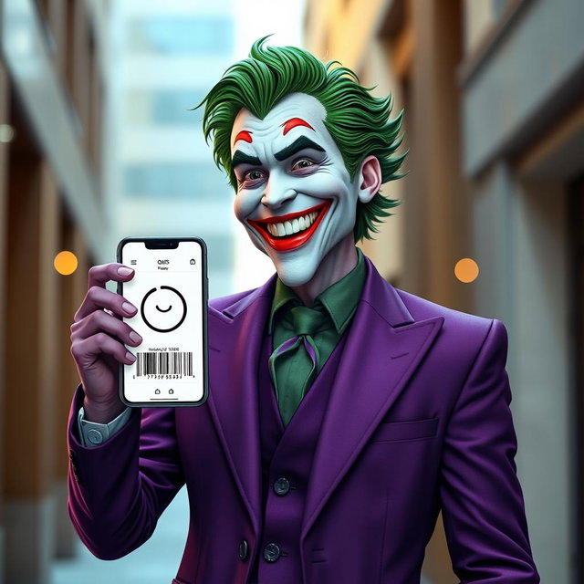 A realistic depiction of a Joker character dressed in a tailored purple suit, embodying a charismatic and joyful presence with a broad, happy smile