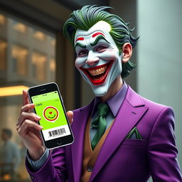 A realistic depiction of a Joker character dressed in a tailored purple suit, embodying a charismatic and joyful presence with a broad, happy smile