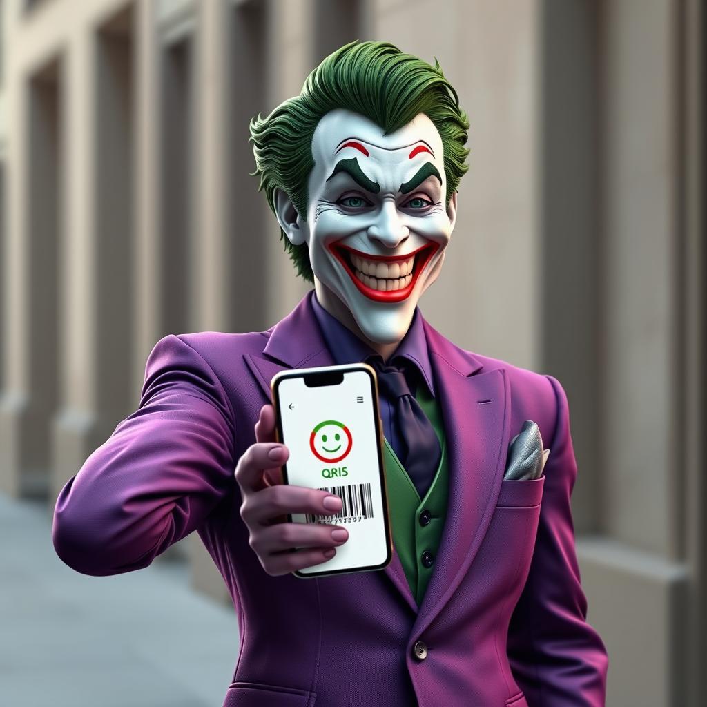 A realistic depiction of a Joker character dressed in a tailored purple suit, embodying a charismatic and joyful presence with a broad, happy smile