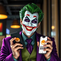 A realistic depiction of a Joker character dressed in a tailored purple suit, embodying a charismatic and joyful presence with a broad, happy smile