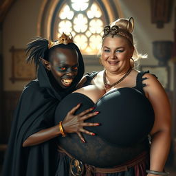 In a sunlit medieval bordello room, a striking contrast of two figures comes to life