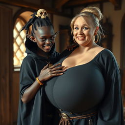 In a sunlit medieval bordello room, a striking contrast of two figures comes to life