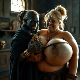 In a sunlit medieval bordello room, a striking contrast of two figures comes to life