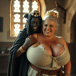 In a sunlit medieval bordello room, a striking contrast of two figures comes to life