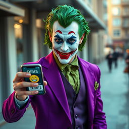 A stunningly realistic portrayal of a Joker character dressed in an immaculate purple suit, exuding charm and mischief