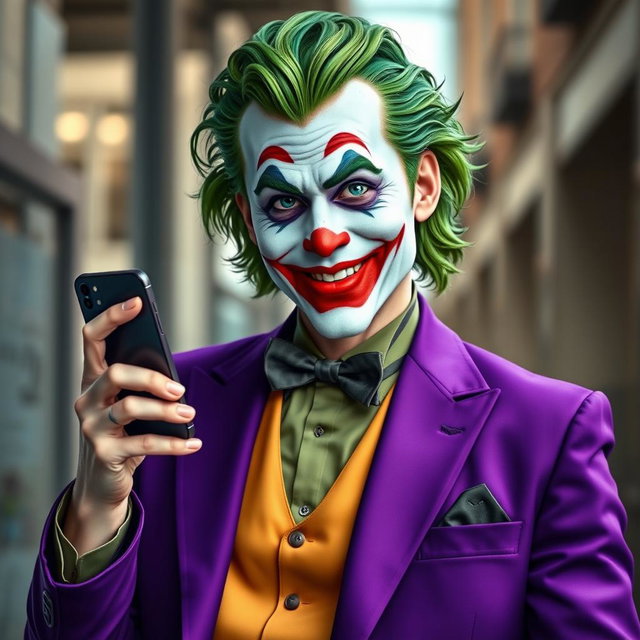 A stunningly realistic portrayal of a Joker character dressed in an immaculate purple suit, exuding charm and mischief
