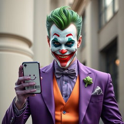 A stunningly realistic portrayal of a Joker character dressed in an immaculate purple suit, exuding charm and mischief