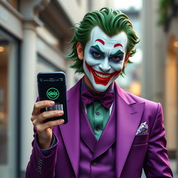 A stunningly realistic portrayal of a Joker character dressed in an immaculate purple suit, exuding charm and mischief
