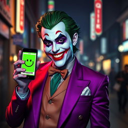 A hyper-realistic portrayal of a Joker character clad in an exquisite purple suit, exuding an air of mischief and joy