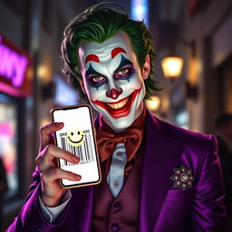 A hyper-realistic portrayal of a Joker character clad in an exquisite purple suit, exuding an air of mischief and joy