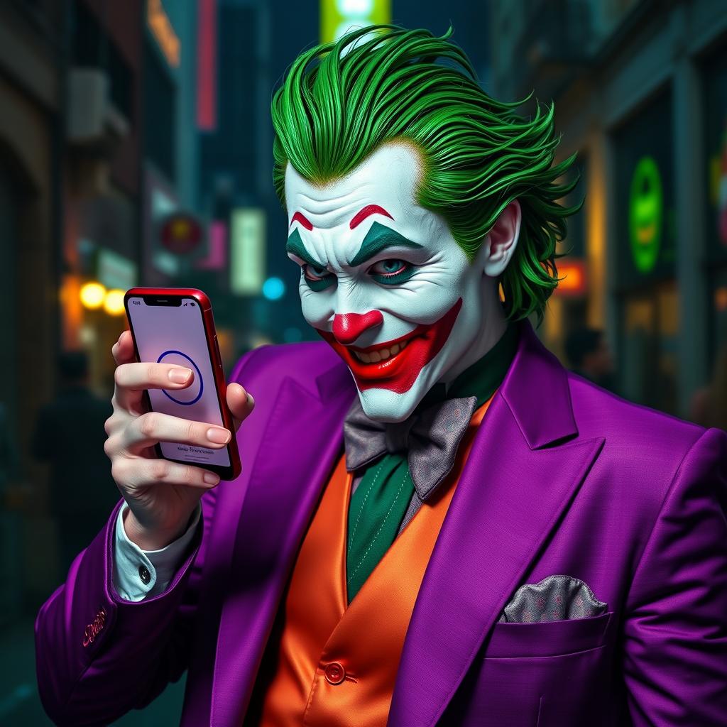 A hyper-realistic portrayal of a Joker character clad in an exquisite purple suit, exuding an air of mischief and joy